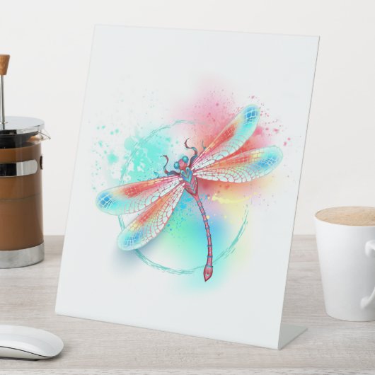 Rode libellen op waterverf achtergrond reclamebord met voetstuk (Insitu)