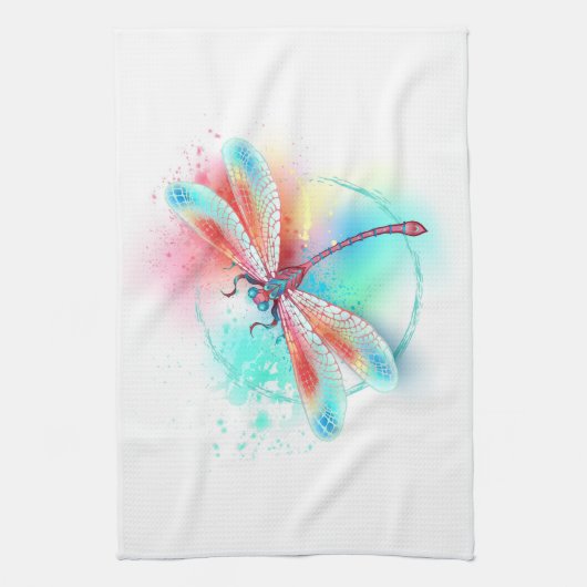 Rode libellen op waterverf achtergrond theedoek (Verticaal)