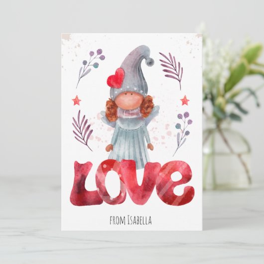 Rode Liefde Met Waterverf Lady Gnome Valentijn Feestdagenkaart (Staand voorkant)