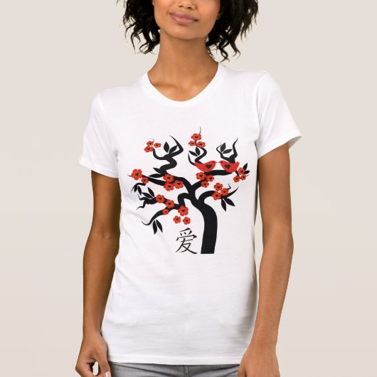 Rode liefde vogels op Sakura boom Chinese liefde s T-shirt (Voorkant)