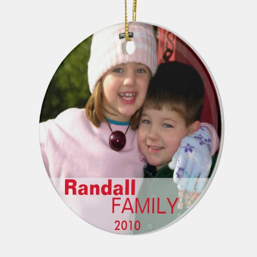 Rode liefde vreugde vredesbord op eigen foto naam keramisch ornament (Links)