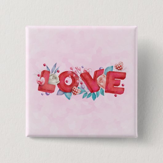 Rode liefdestekst in vet blokletters waterverf vierkante button 5,1 cm (Voorkant)