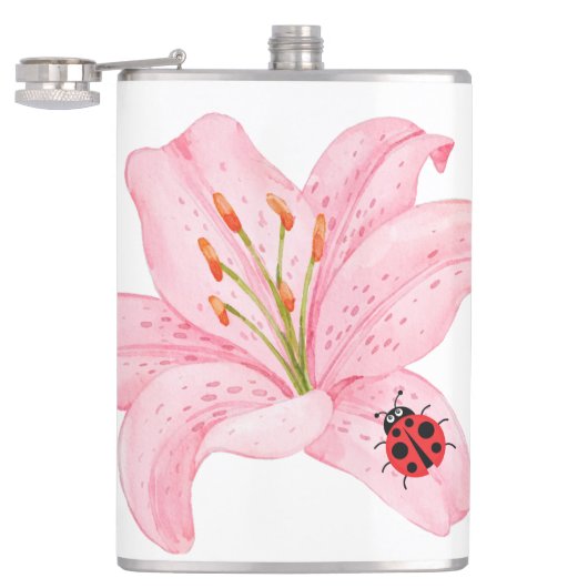 Rode lieveheersbeestje roze lelie bloem aangepaste heupfles (Geopend)