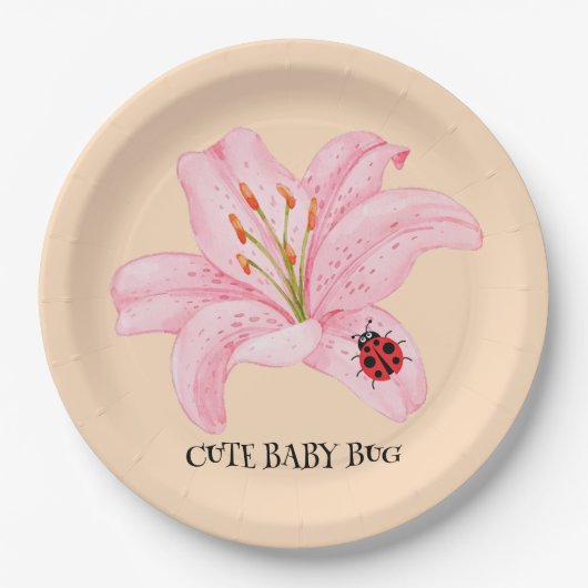 Rode lieveheersbeestje roze lelie bloem aangepaste papieren bordje (Voorkant)