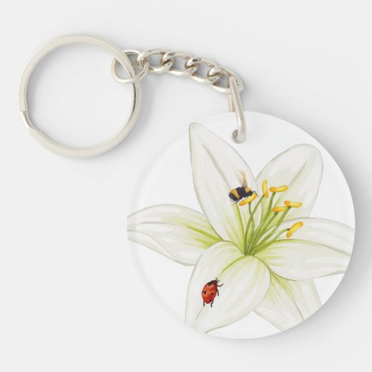 Rode lieveheersbeestje roze lelie bloem aangepaste sleutelhanger (Voorkant)