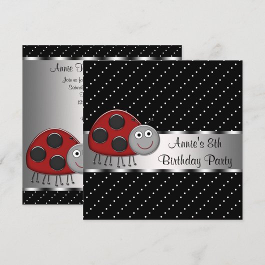 Rode lieveheersbeestjes 8e verjaardagsfeestje kaart (Voorkant / Achterkant)