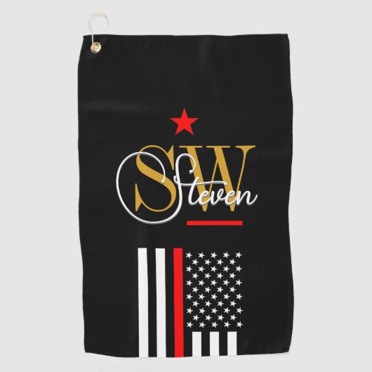 Rode lijn & Monogrammen Naam / Moderne Handtekenin Golfhanddoek (Voorkant)