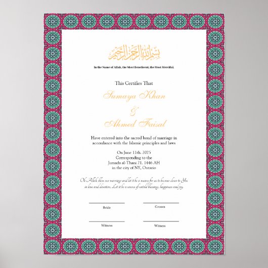 Rode lijst Muslim nikkah certificaat poster (Voorkant)