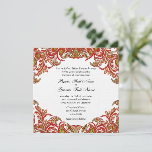 Rode, Limoen en Oranje  Paisley Damask Wedding Kaart (Staand voorkant)