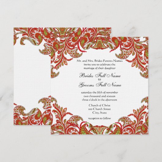 Rode, Limoen en Oranje  Paisley Damask Wedding Kaart (Voorkant / Achterkant)
