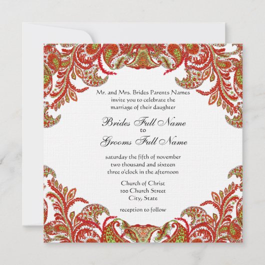 Rode, Limoen en Oranje  Paisley Damask Wedding Kaart (Voorkant)