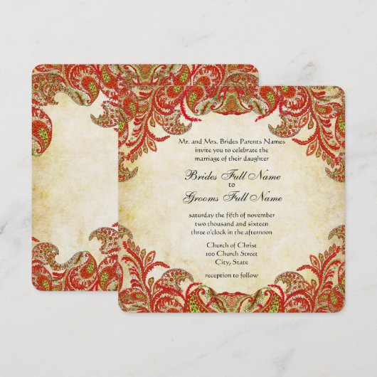 Rode, Limoen en Oranje Paisley Damask Wedding Kaart (Voorkant / Achterkant)