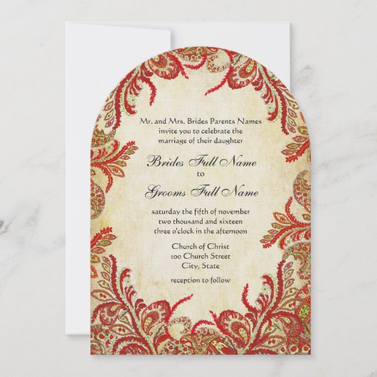 Rode, Limoen en Oranje Paisley Damask Wedding Kaart (Voorkant)