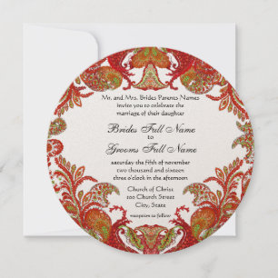 Rode, Limoen en Oranje Paisley Damask Wedding Kaart