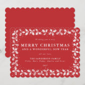 Rode Lino Print Hulstblaadjes Rand Plat Niet-Foto Feestdagenkaart (Voorkant / Achterkant)