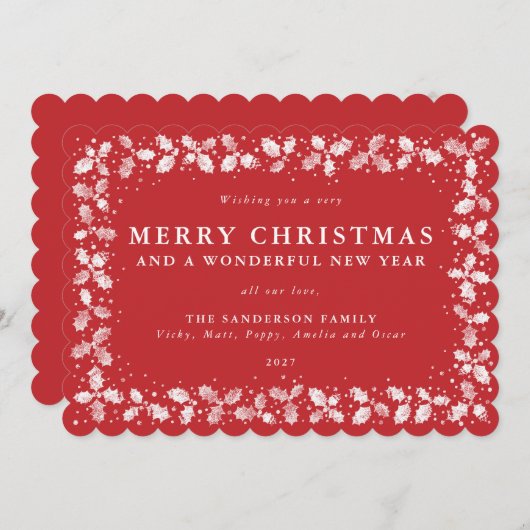 Rode Lino Print Hulstblaadjes Rand Plat Niet-Foto Feestdagenkaart (Voorkant / Achterkant)