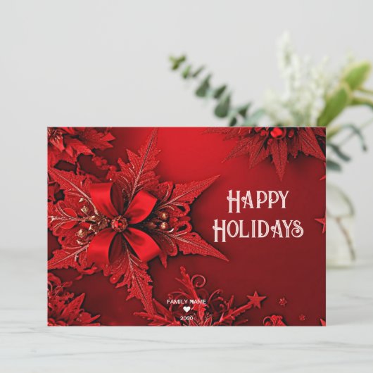 Rode Lint Bloemen Vakantie Kerstmis Kaart (Staand voorkant)