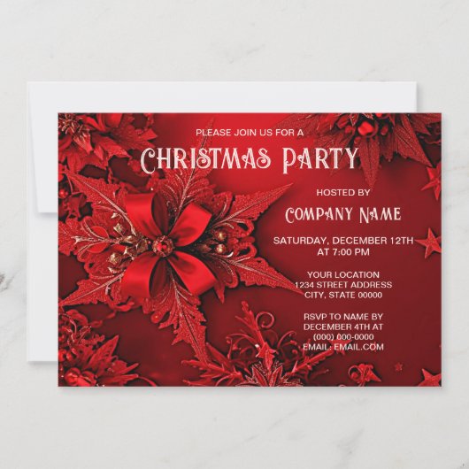 Rode Lint Bloemen Vakantie Kerstmis Party Invitati Kaart (Voorkant)