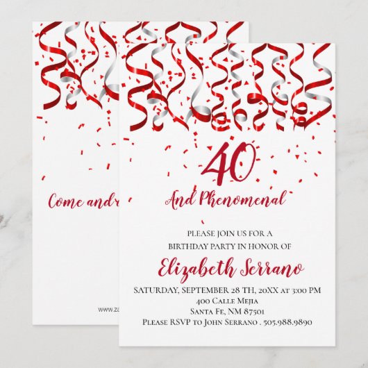 Rode lint en Confetti 40e verjaardag Kaart (Voorkant / Achterkant)