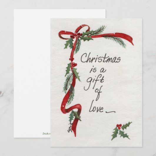  rode lint en holly Gift of Love text Feestdagenkaart (Voorkant / Achterkant)