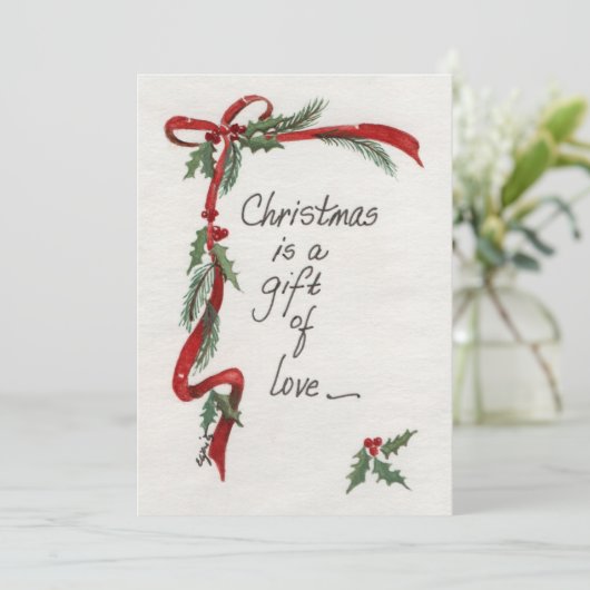 rode lint en holly Gift of Love text Feestdagenkaart (Staand voorkant)