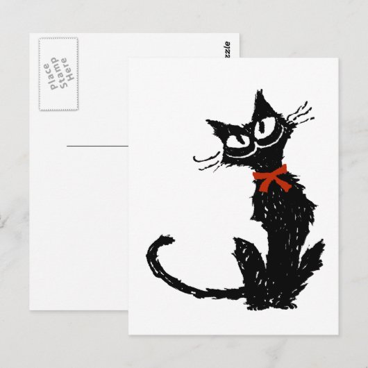 Rode lint en zwarte kat briefkaart (Voorkant / Achterkant)