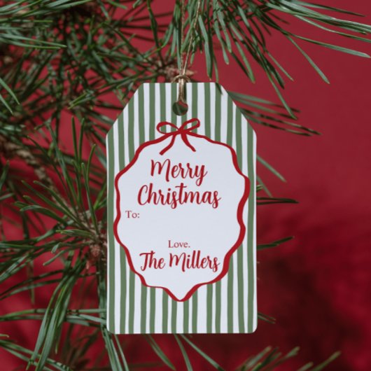 Rode lint groene streep op maat gemaakte Kerstmis Cadeaulabel