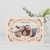 Rode Lint Harten Holly en Pine Photo Peach Feestdagenkaart (Staand voorkant)
