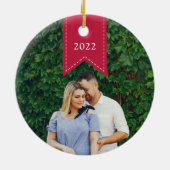 Rode lint | Holiday-foto Keramisch Ornament (Achterkant)