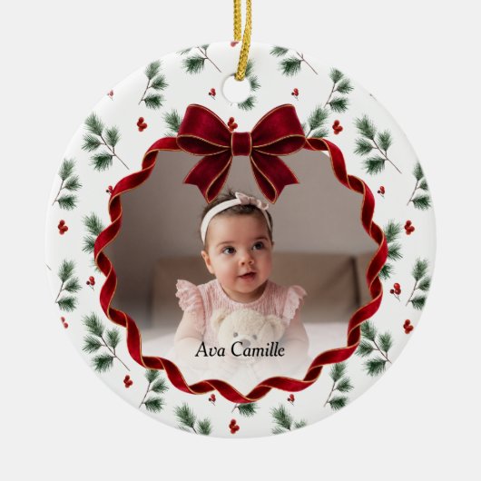 Rode Lint Kinder Foto Kerstboom Ornament (Voorkant)