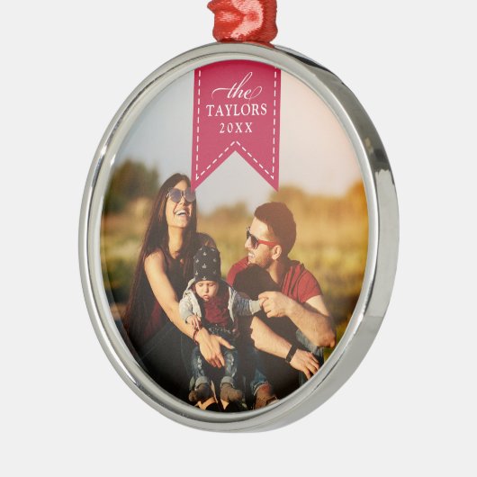 Rode lint | Persoonlijke naam en jaarlijkse foto Metalen Ornament (Links)