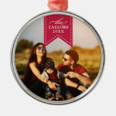 Rode lint | Persoonlijke naam en jaarlijkse foto Metalen Ornament (Voorkant)