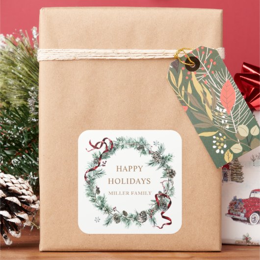 Rode lint winter groen monogram vierkante sticker (Feestdagen)