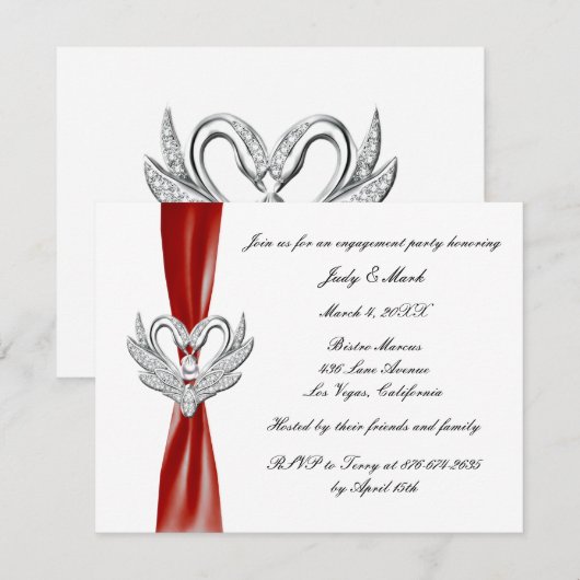 Rode Lint Zilveren Zwaan Verlovingsfeestuitnodigin Kaart (Voorkant / Achterkant)