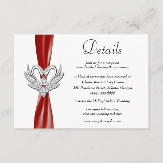 Rode Lint Zilveren Zwanen Bruiloft Details Informatiekaartje (Voorkant)
