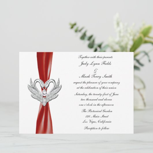 Rode Lint Zilveren Zwanen Uitnodiging (Staand voorkant)