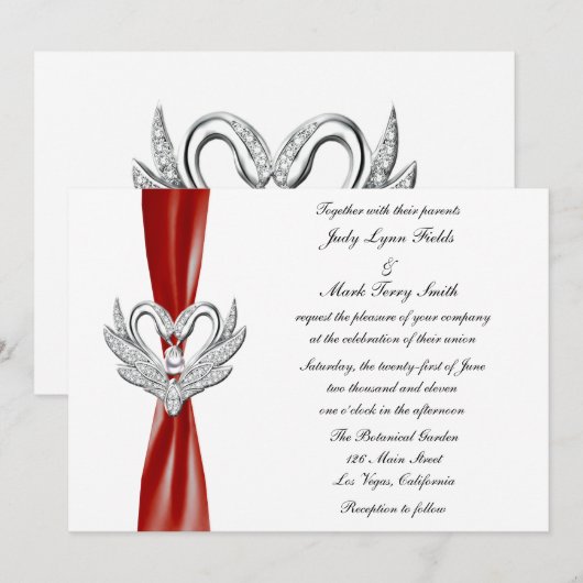 Rode Lint Zilveren Zwanen Uitnodiging (Voorkant / Achterkant)