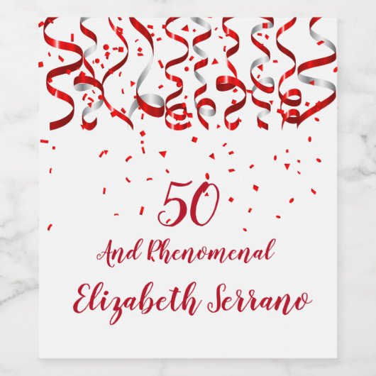 Rode linten & Confetti 50 en fenomenale verjaardag Wijn Etiket (Enkel label)