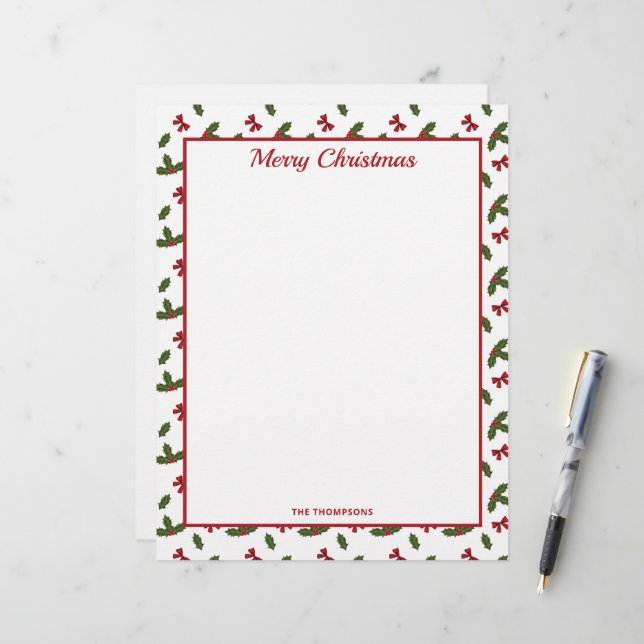 Rode linten en kerst hulst planten patroon & tekst briefhoofd (Voorkant / Achterkant in situ)