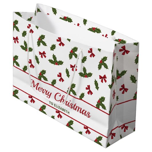 Rode linten en kerst hulst planten patroon & tekst groot cadeauzakje (Voorkant Gekanteld)
