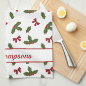 Rode linten en kerst hulst planten patroon & tekst theedoek (Quarter Fold)