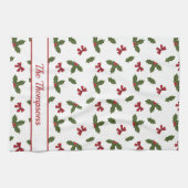 Rode linten en kerst hulst planten patroon & tekst theedoek (Horizontaal)