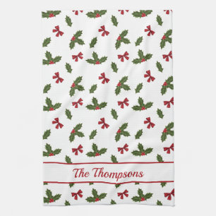 Rode linten en kerst hulst planten patroon & tekst theedoek