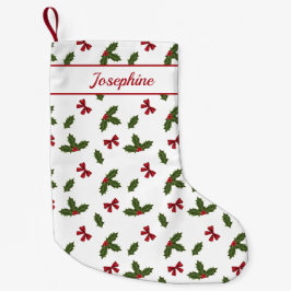Rode linten en kerstholly planten patroon & naam kleine kerstsok