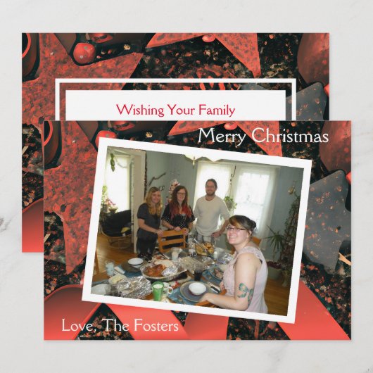 Rode linten en Wood Stars Country Christmas Foto Feestdagenkaart (Voorkant / Achterkant)