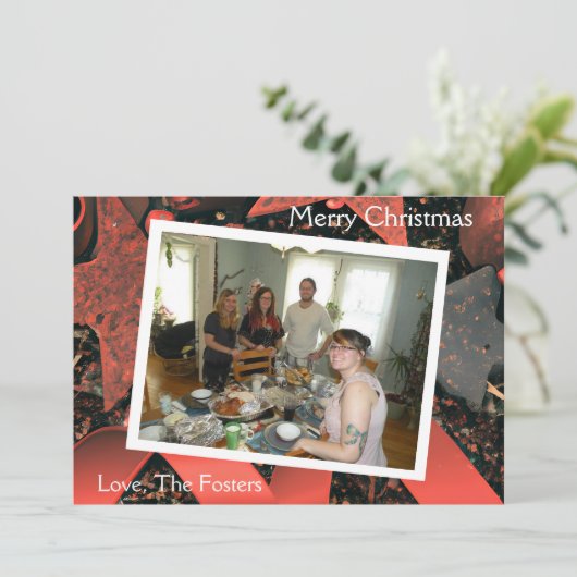 Rode linten en Wood Stars Country Christmas Foto Feestdagenkaart (Staand voorkant)