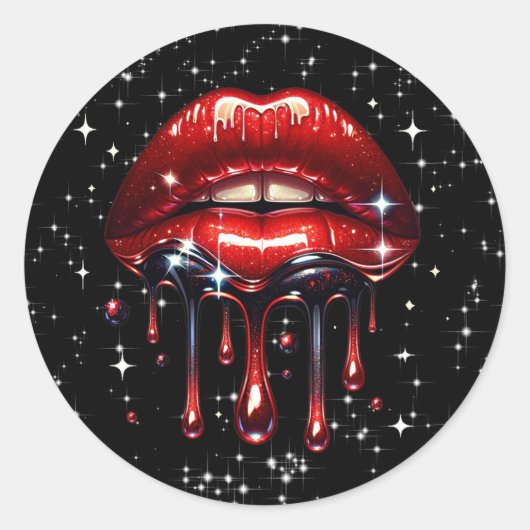 Rode Lippen Dripping Glitter Glam Faux Sparkle Ronde Sticker (Voorkant)