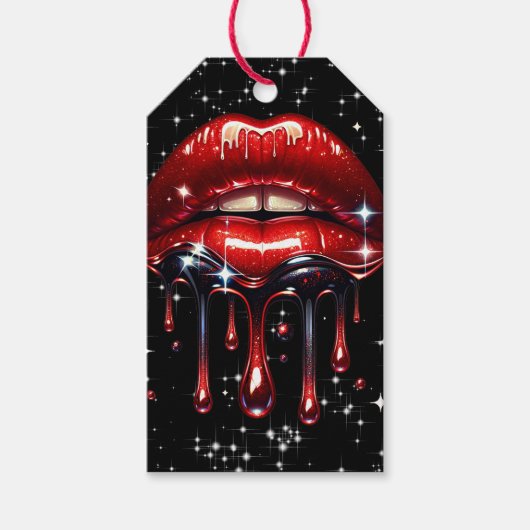 Rode lippen druipend van glitter glamour glans ver cadeaulabel (Voorkant)