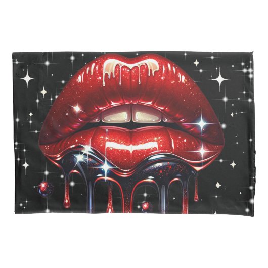 Rode lippen druppelen glitter glam sparkle kussensloop (Voorkant)