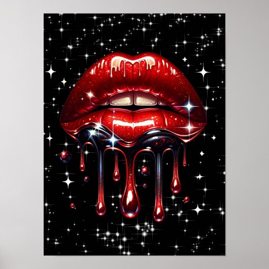 Rode Lippen Druppelend van Glitters Glam Glans Poster (Voorkant)